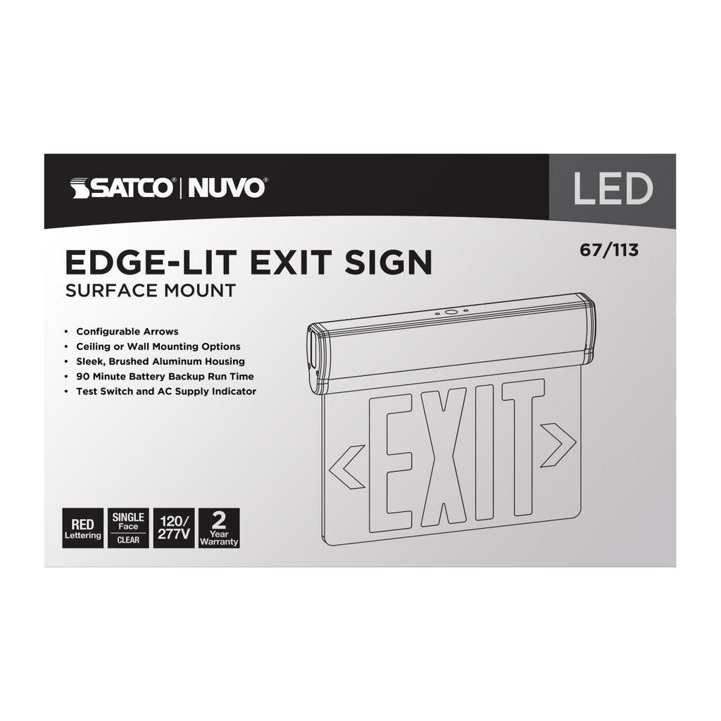 Satco 67-113 3.14W LED Fixture Red (Clear) Edge Lit Exit Sign 90min
