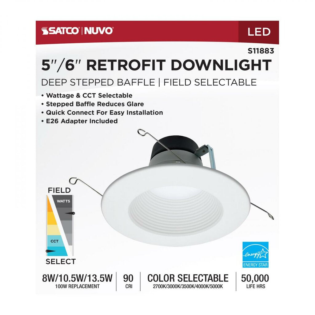 Satco S11883 8W/10.5W/13.5W LED Deep Baffle Fixture Field Selectable