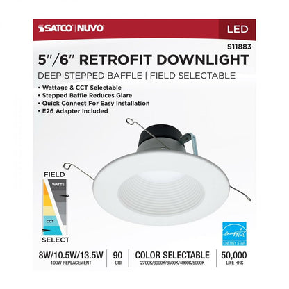 Satco S11883 8W/10.5W/13.5W LED Deep Baffle Fixture Field Selectable
