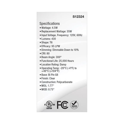 Satco S12324 4.5W T6 LED Light Bulb
