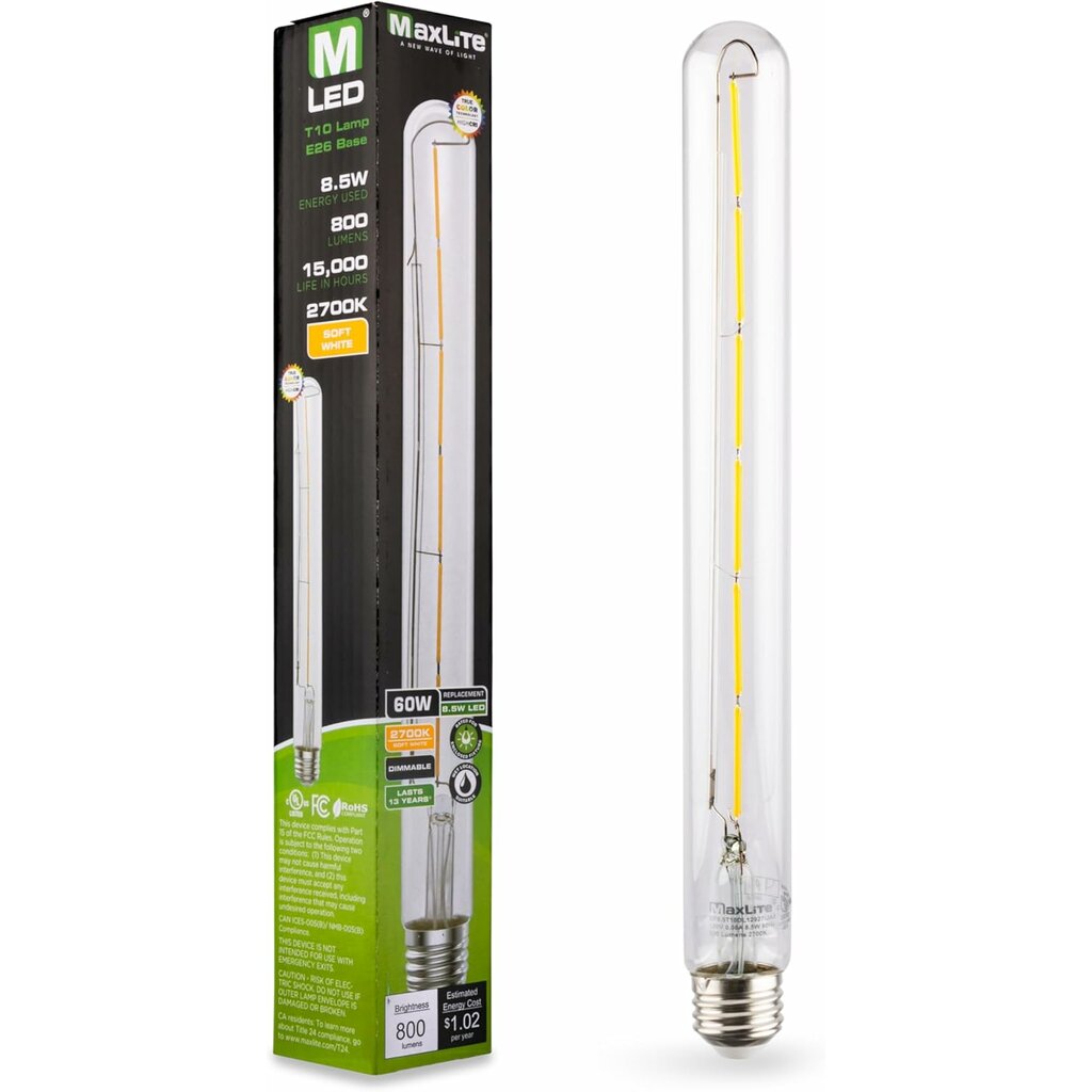 6 pack - MaxLite 103222 8.5W T10 Warm White LED Light Bulb