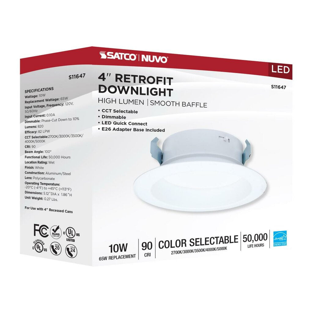 Satco S11647 10W 4" LED Downlight Dimmable Fixture