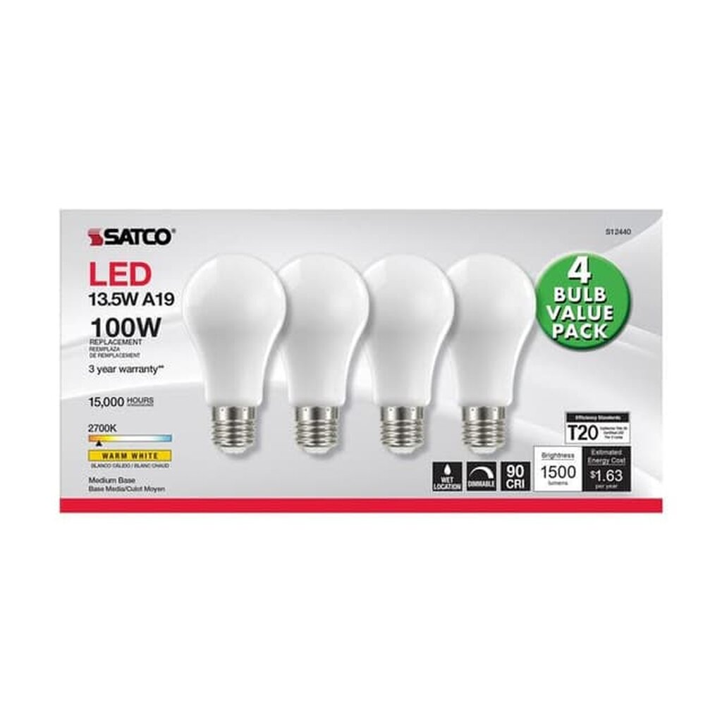 4 pack - Satco S12440 13.5W A19 Warm White LED Light Bulb