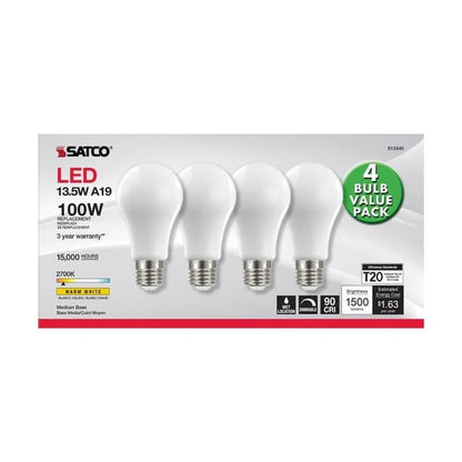 4 pack - Satco S12440 13.5W A19 Warm White LED Light Bulb