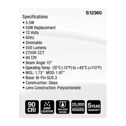Satco S12360 5.5W MR16 LED Light Bulb