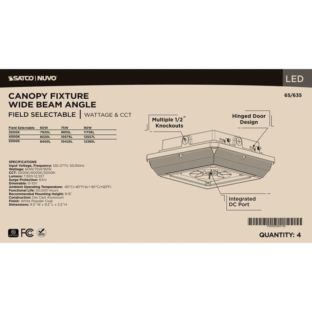 Satco 65-635 60W/75W/90W LED Dimmable Fixture Square - Wide Beam Angle