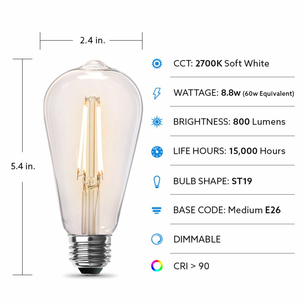2 pack - Feit Electric ST1960/CL/927CA/2 8.8W ST19 LED Light Bulb