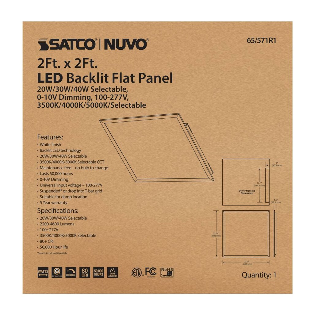 Satco 65-571R1 20W/30W/40W LED Backlit Flat Panel Fixture 2 ft. x ft.;