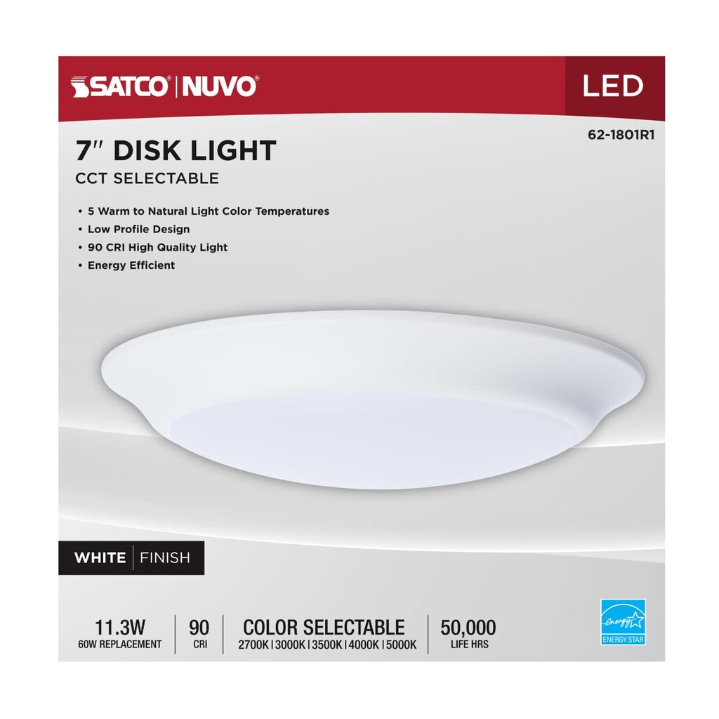 Satco 62-1801R1 60W LED Dimmable Fixture 7" DISK LIGHT WHITE FINISH