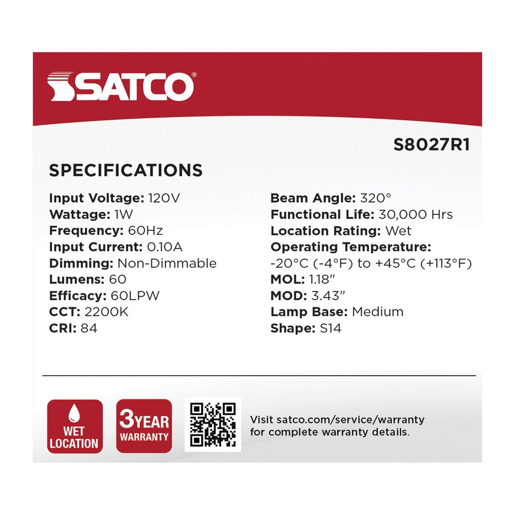4 pack - Satco S8027R1 1W S14 LED Light Bulb