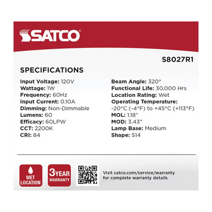 4 pack - Satco S8027R1 1W S14 LED Light Bulb