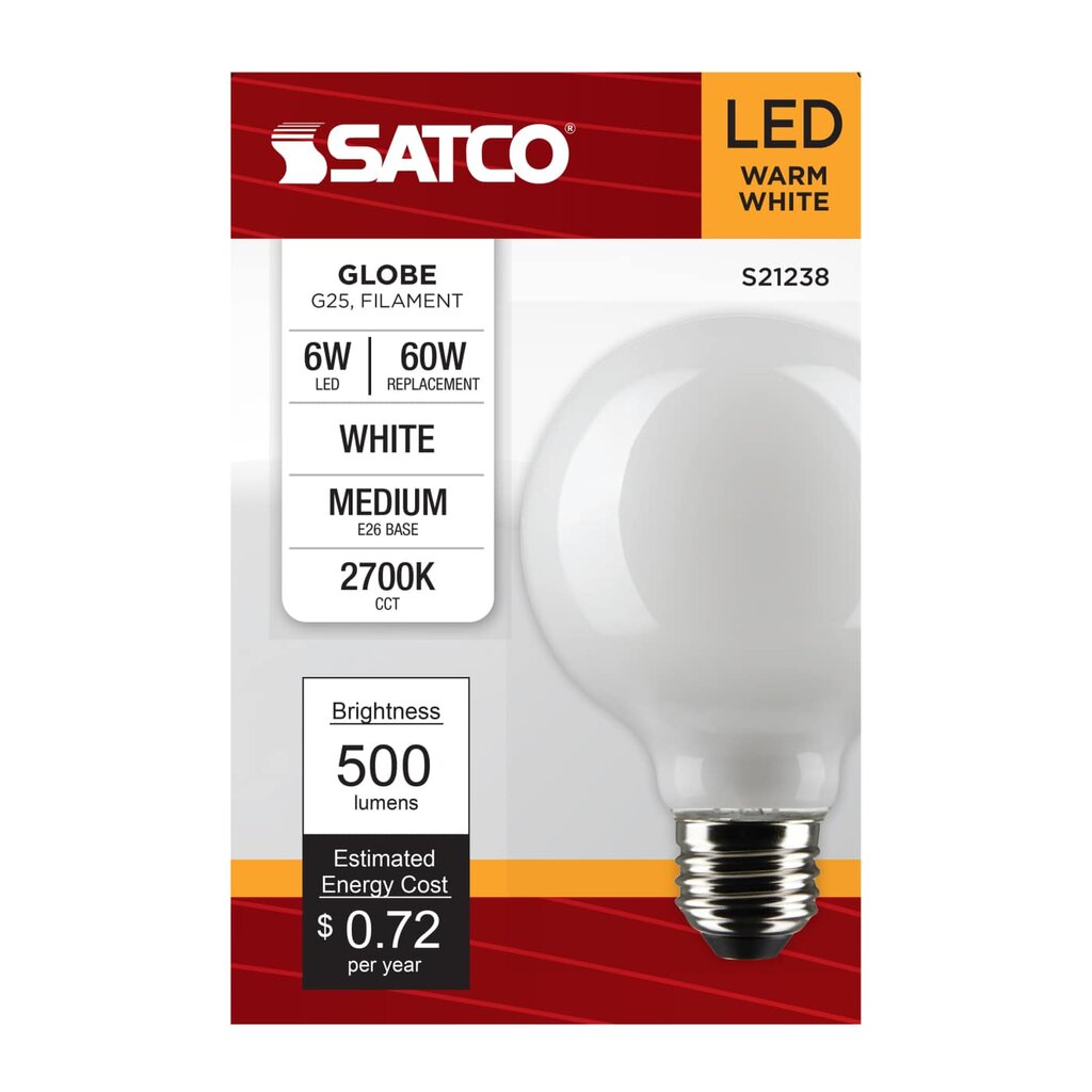 6 pack - Satco S21238 6W G25 LED Light Bulb