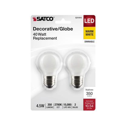 2 pack - Satco S21816 4.5W G16.5 Warm White LED Light Bulb