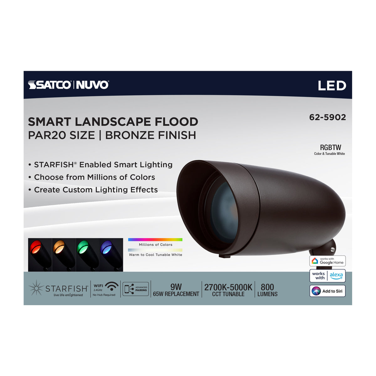 Nuvo 62-5902 9 Watt LED Landscape Floodlight, RGB and 2700K-5000K Tunable White, PAR20