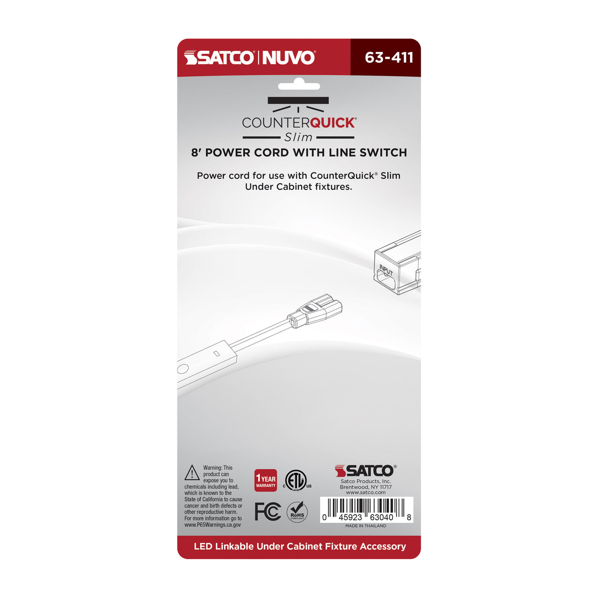Nuvo 63-411 8-Foot Power Cord, Line Switch, White Finish
