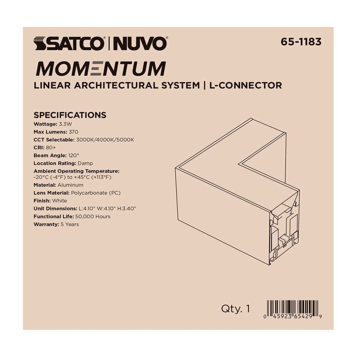 Nuvo 65-1183 Momentum, L-Connector for LED Linear System, White Finish