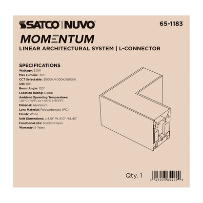 Nuvo 65-1183 Momentum, L-Connector for LED Linear System, White Finish