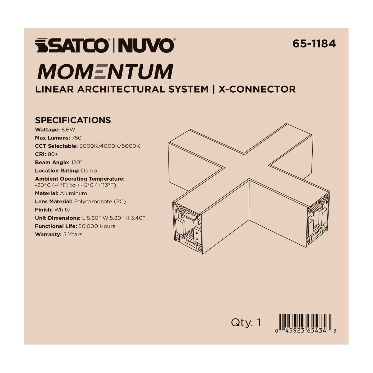 Nuvo 65-1184 Momentum, X-Connector for LED Linear System, White Finish