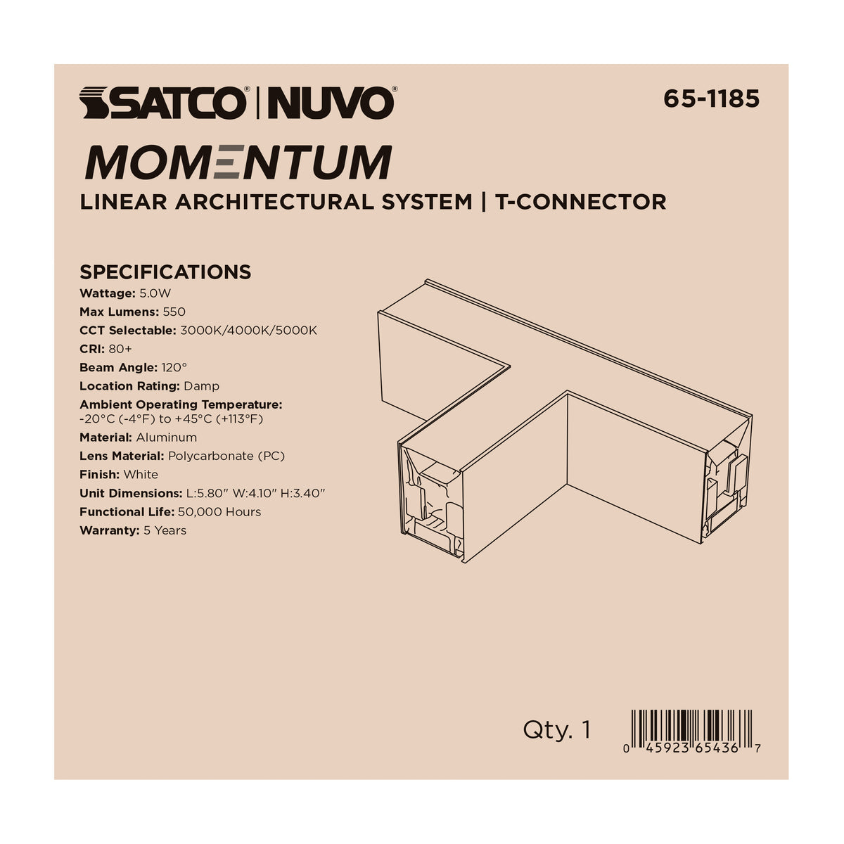 Nuvo 65-1185 Momentum, T-Connector for LED Linear System, White Finish