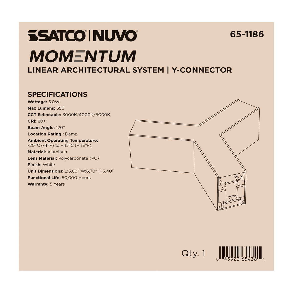 Nuvo 65-1186 Momentum, Y-Connector for LED Linear System, White Finish