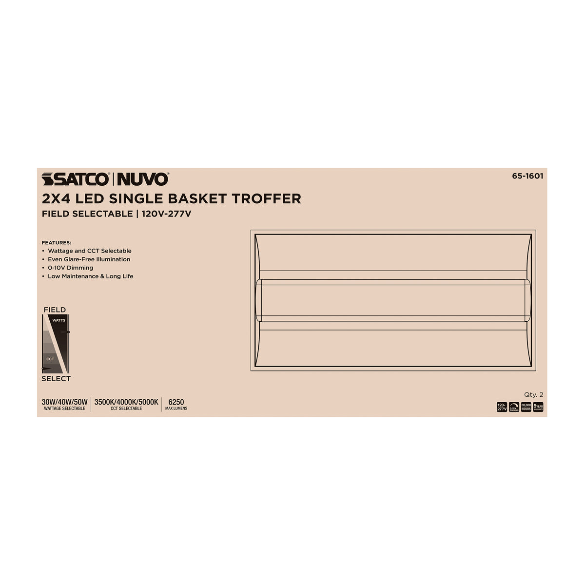 Nuvo 65-1601 30/40/50 Watt, 35K/4K/5K CCT Selectable, 2X4 LED Single Basket Troffer