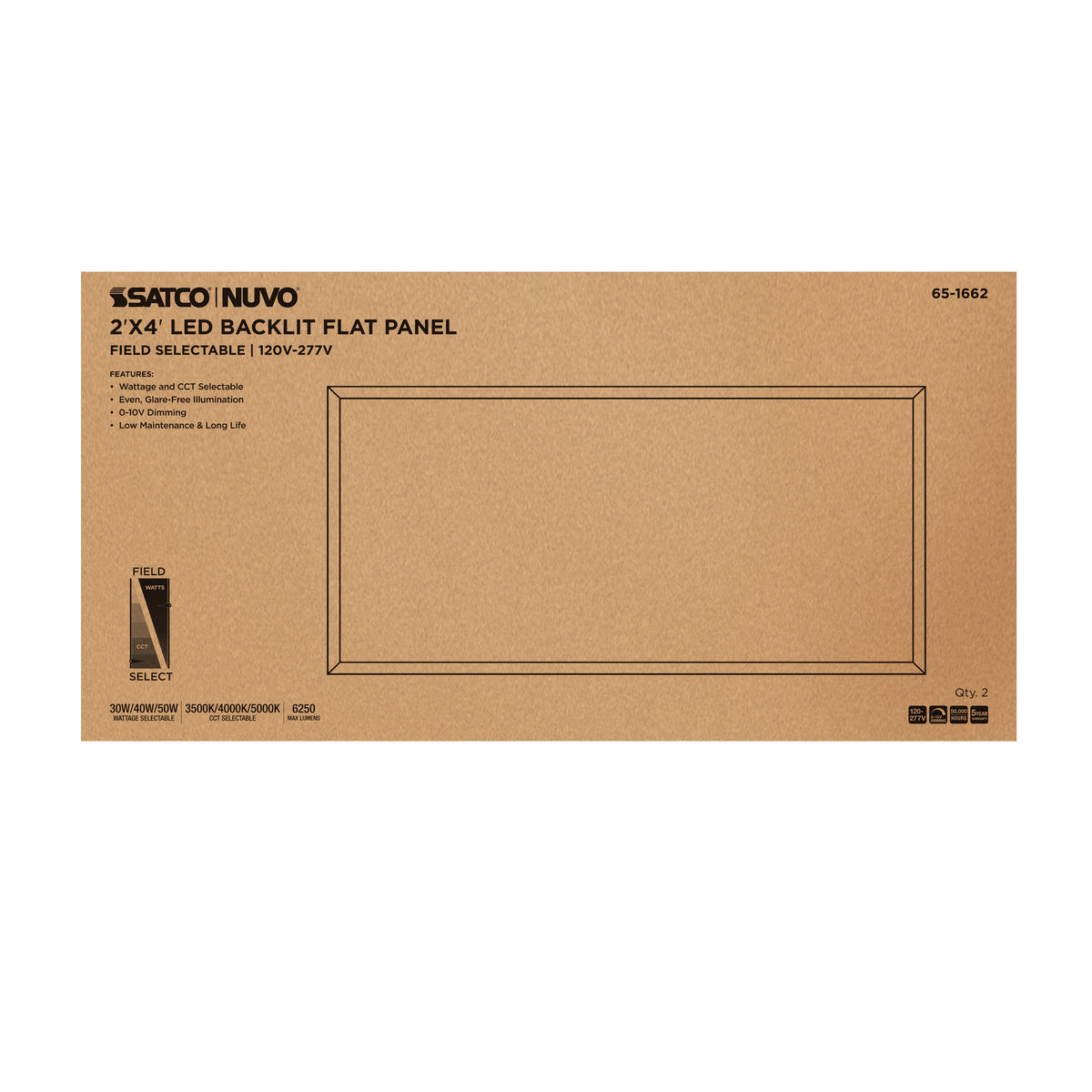Nuvo 65-1662 30/40/50 Wattage Selectable LED 2ft x 4ft Backlit Panel, 35K/4K/5K CCT Selectable, 120-277 Range Voltage