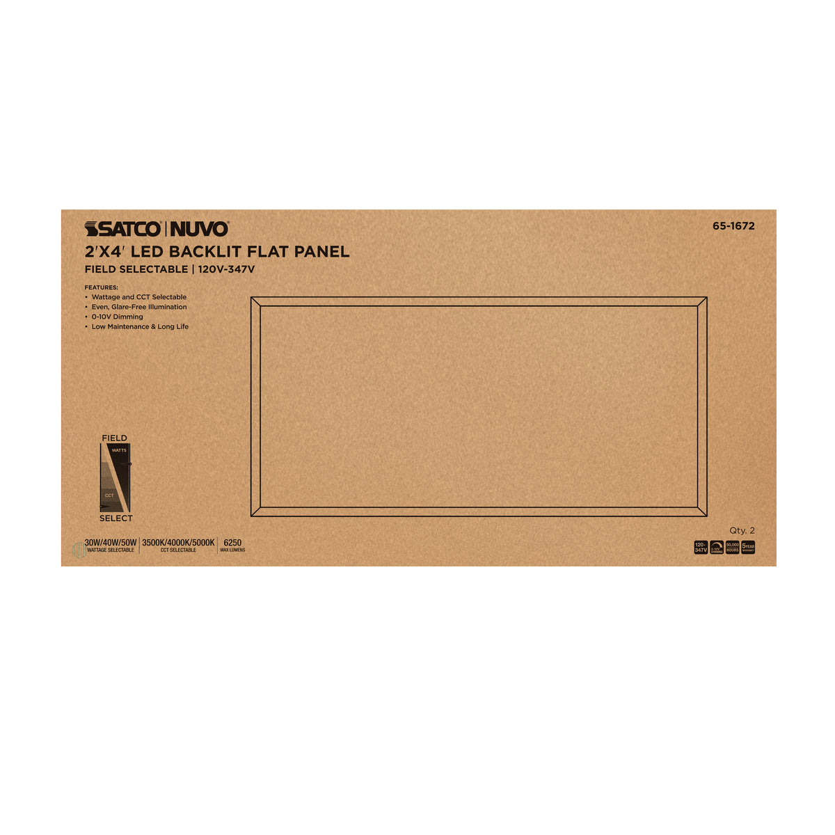 Nuvo 65-1672 30/40/50 Wattage Selectable LED 2ft x 4ft Backlit Panel, 35K/4K/5K CCT Selectable, 120-347 Range Voltage