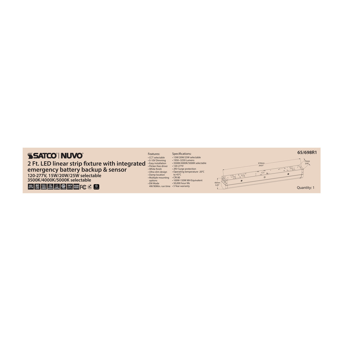 Nuvo 65-698R1 LED 2 ft., Linear Strip Light, 15/20/25 Watt