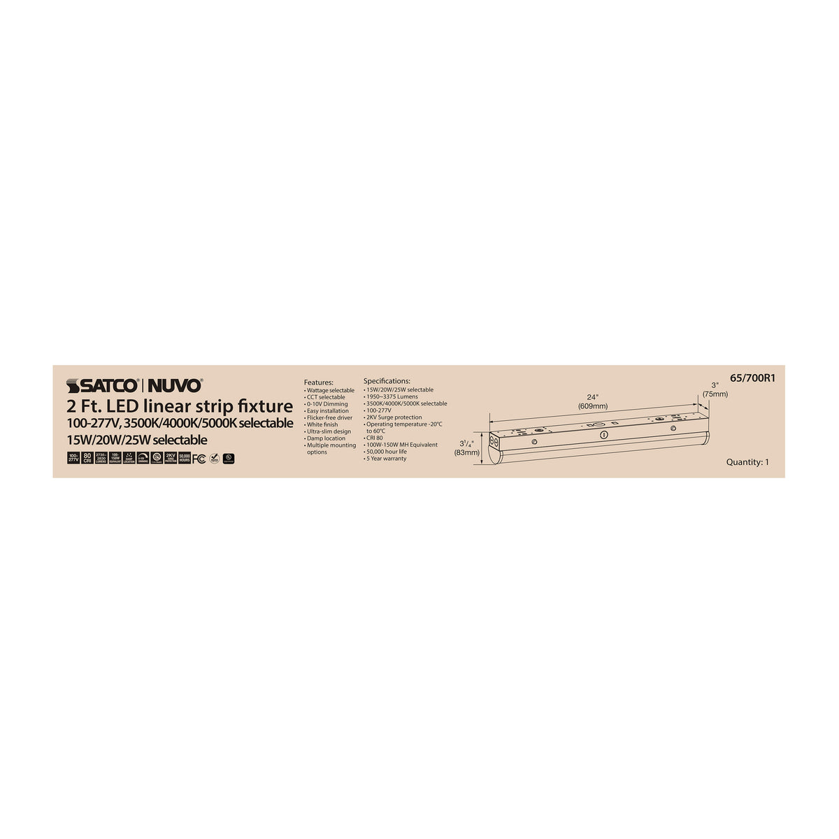 Nuvo 65-700R1 2 Foot LED Linear Strip Light, Field Selectable, White Finish