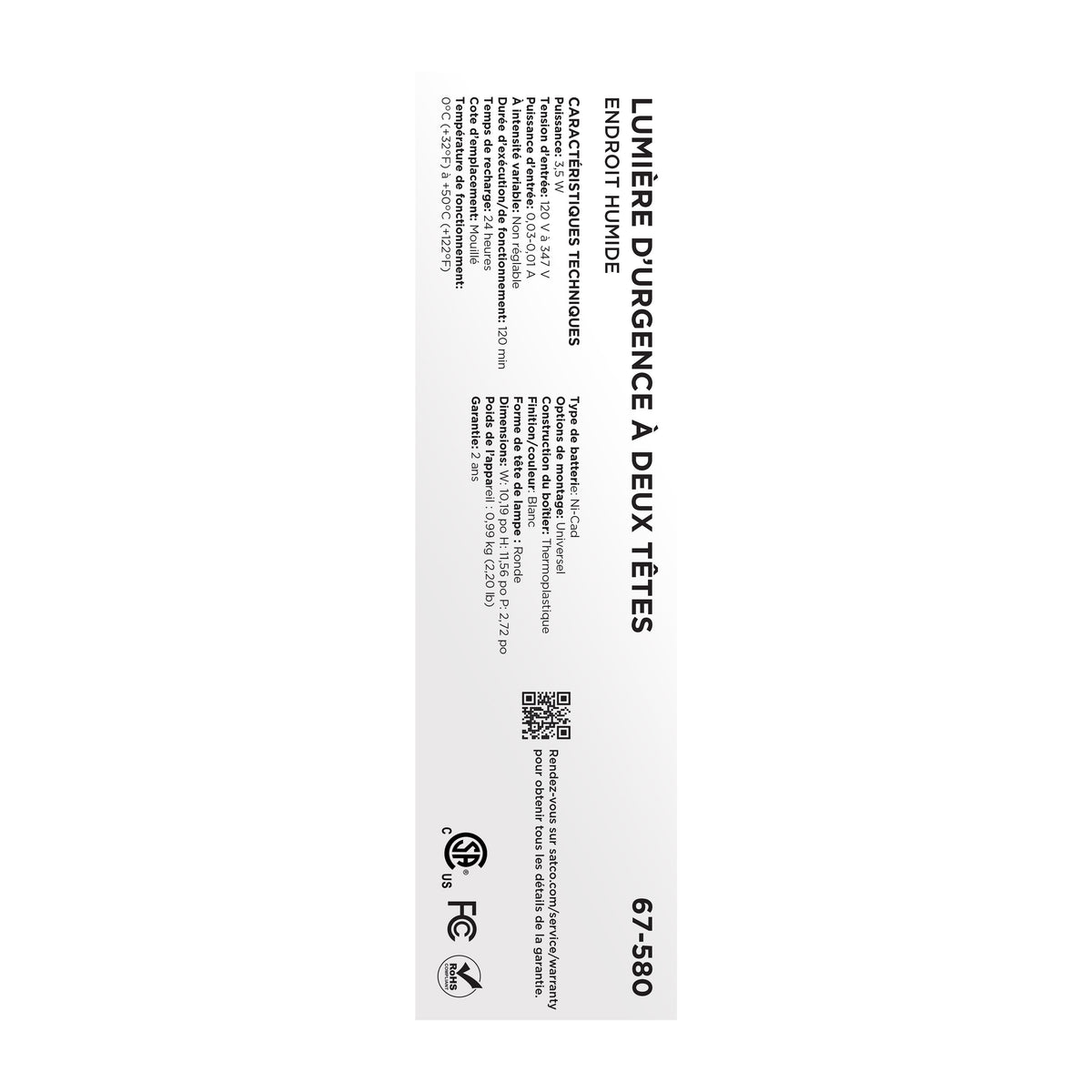 Nuvo 67-580 Emergency Light, 120-347V, 2HR Backup