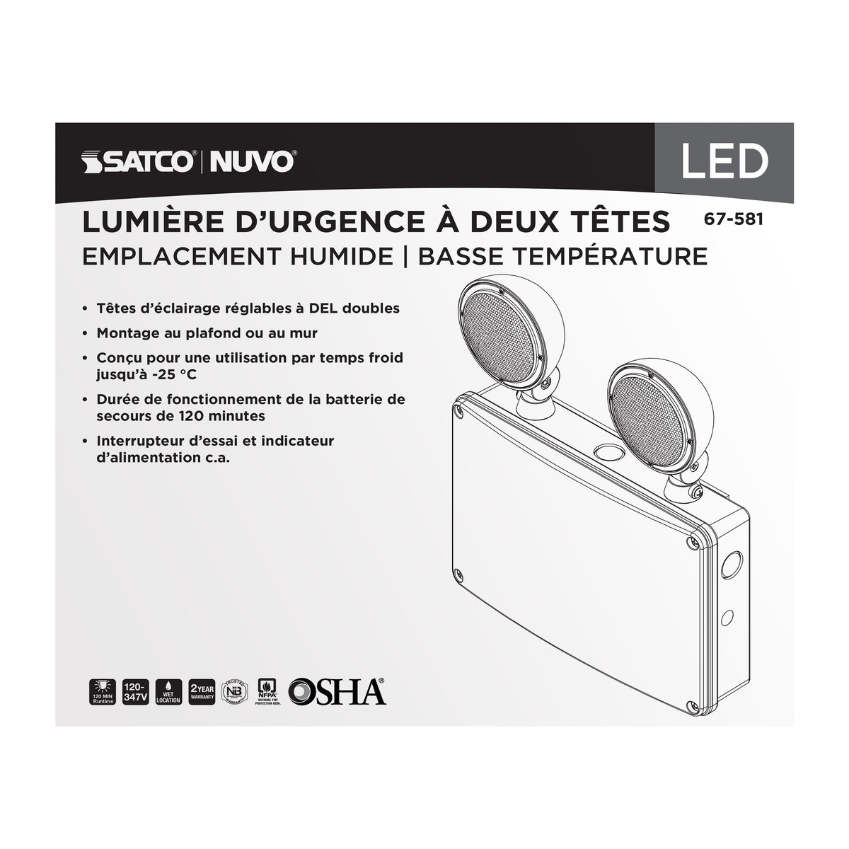 Nuvo 67-581 Emergency Light, 120-347V, 2HR Backup
