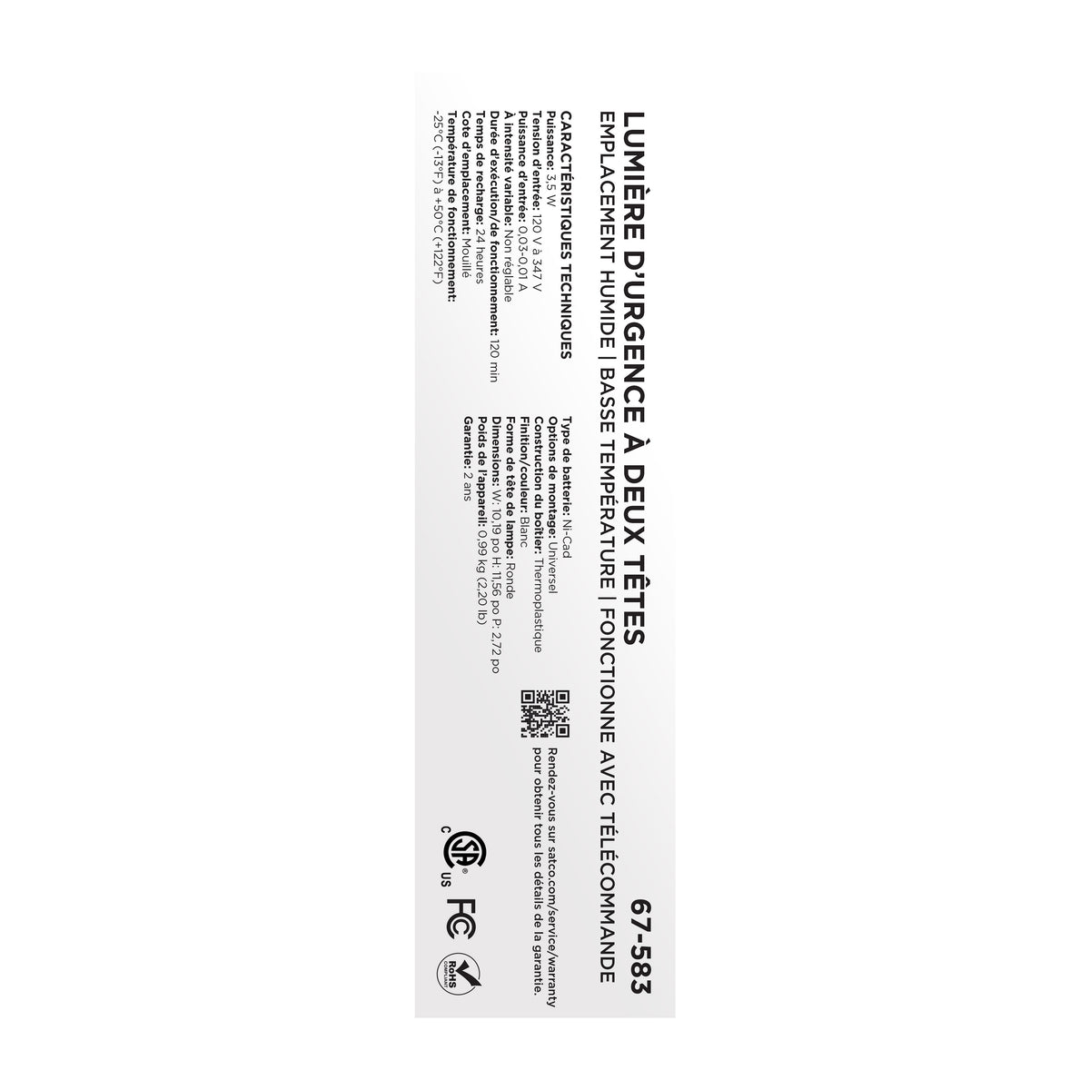 Nuvo 67-583 Emergency Light, 120-347V, 2HR Backup