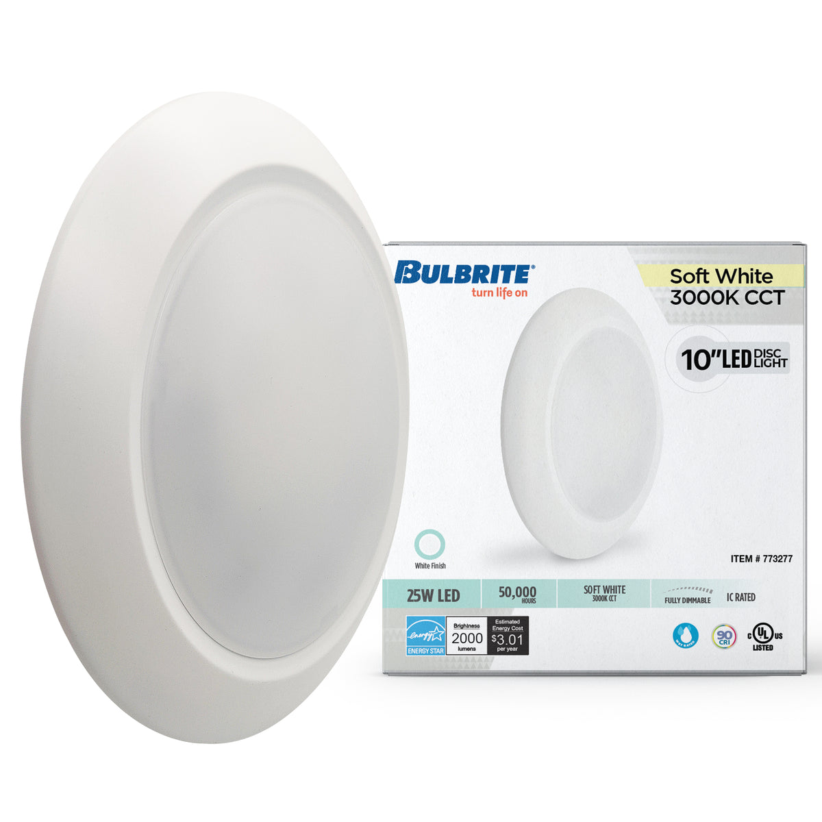 Bulbrite 773277 Bulbrite 25-Watt LED 10" Disc, 3000K, 2000 Lumens, White Finish