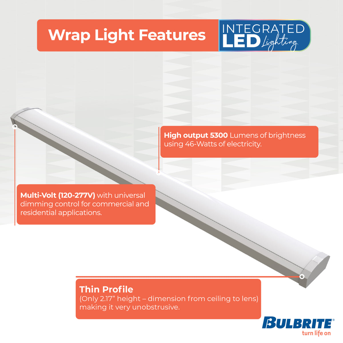 Bulbrite 773503 4 ft. Integrated 5 Color Selectable LED Dimmable Wraparound Light (120-277v), 5300 Lumens, White Finish