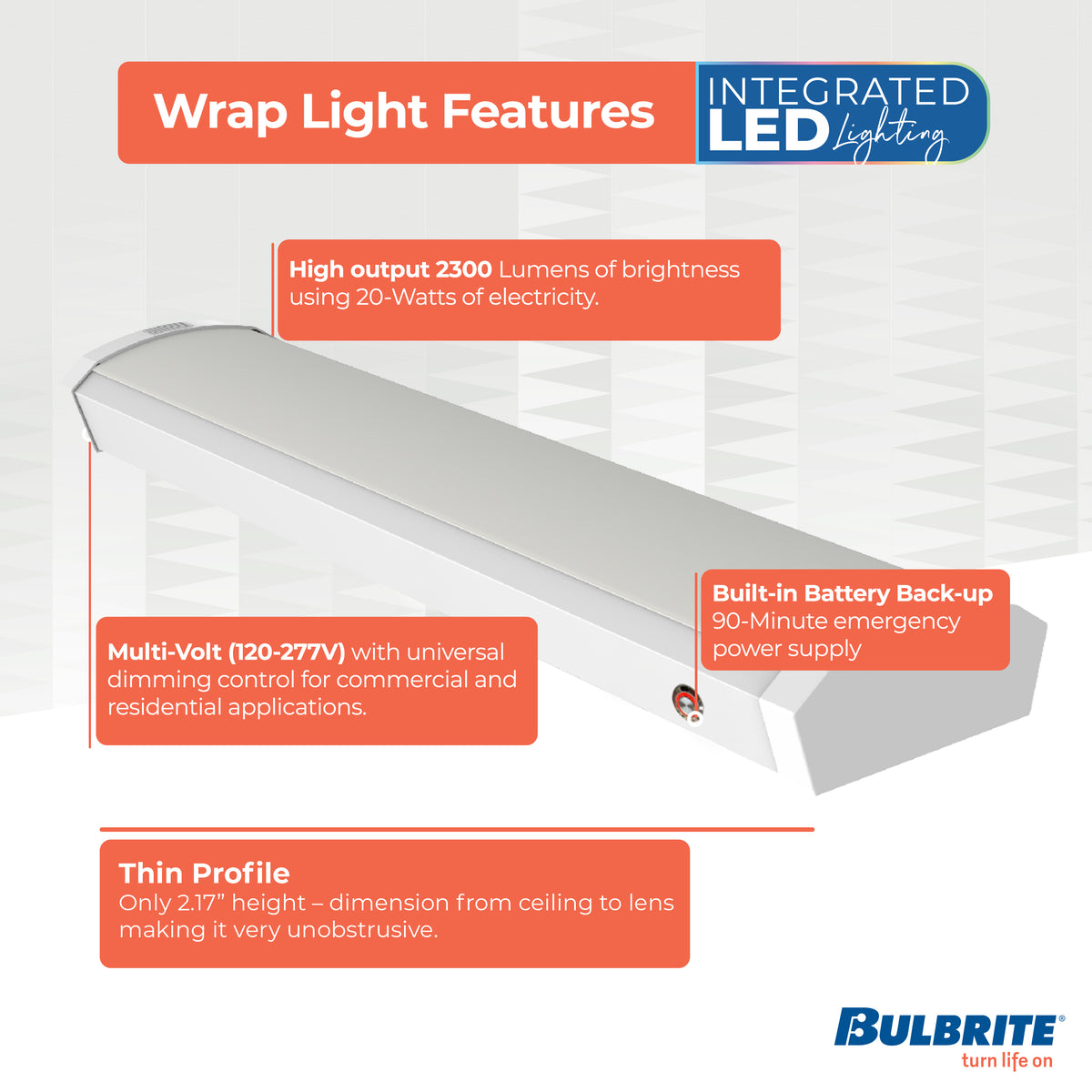 Bulbrite 773504 2 ft. 3000K LED Dimmable Wraparound Light W/ Battery Backup (120-277v), 2300 Lumens, White