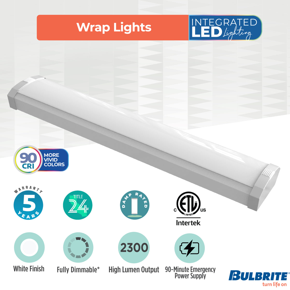 Bulbrite 773505 2 ft. Integrated 5 Color Selectable LED Dimmable Wraparound Light W/ Battery Backup (120-277v), 2300 Lumens, White