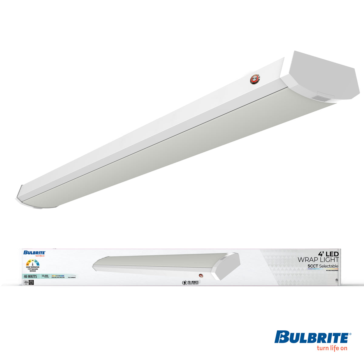 Bulbrite 773506 4 ft. 3000K LED Dimmable Wraparound Light W/ Battery Backup (120-277v), 5300 Lumens, White
