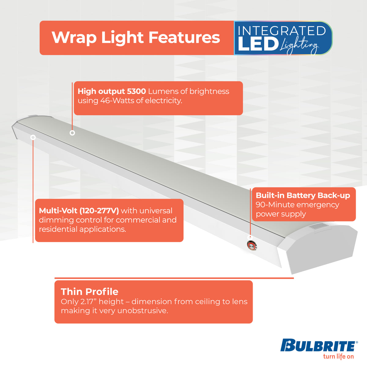 Bulbrite 773506 4 ft. 3000K LED Dimmable Wraparound Light W/ Battery Backup (120-277v), 5300 Lumens, White