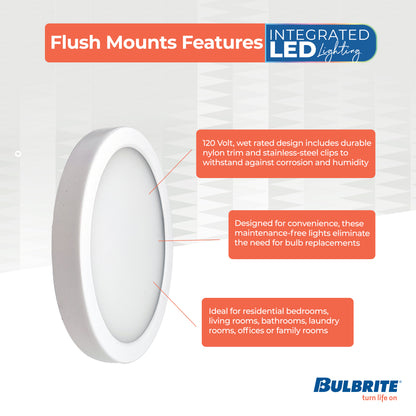 Bulbrite 773600 5" Round 10.3-Watt 3000K LED Flush Mount Light, 850 Lumens, White Finish