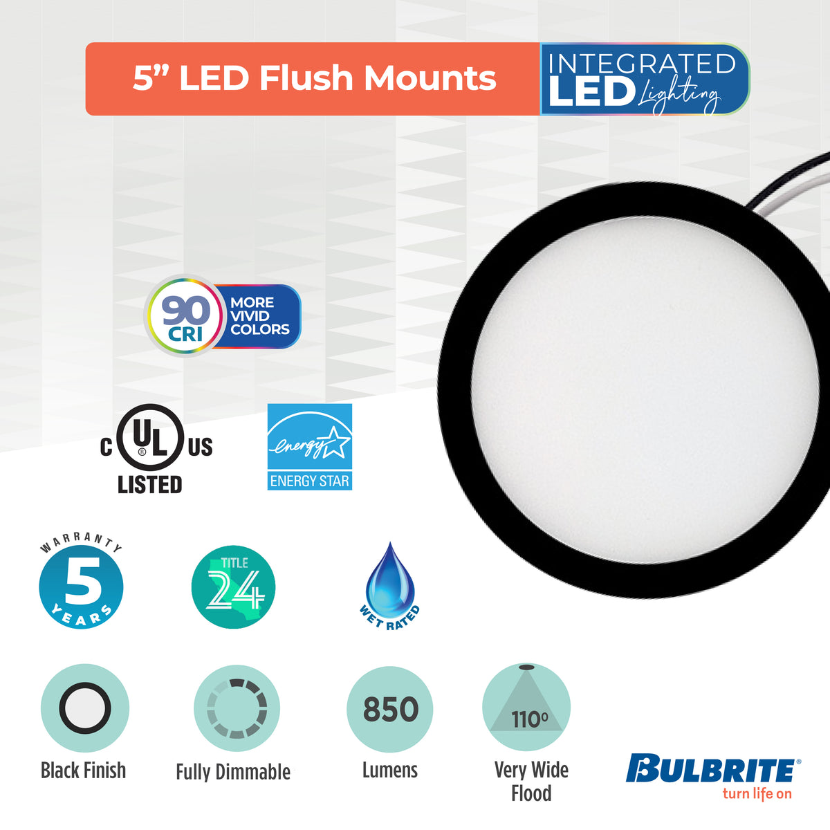 Bulbrite 773601 5" Round 10.3-Watt 3000K LED Flush Mount Light, 850 Lumens, Black Finish