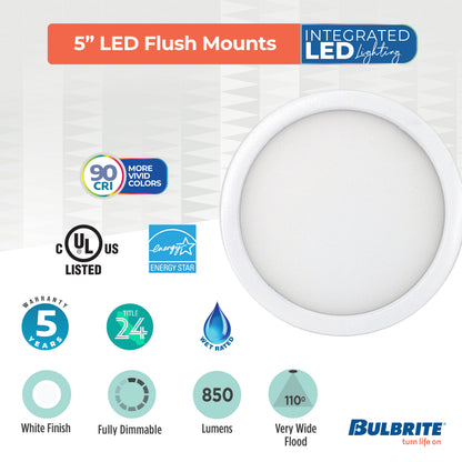 Bulbrite 773603 5" Round 10.3-Watt 5 Color Selectable LED Flush Mount Light, 850 Lumens, White Finish