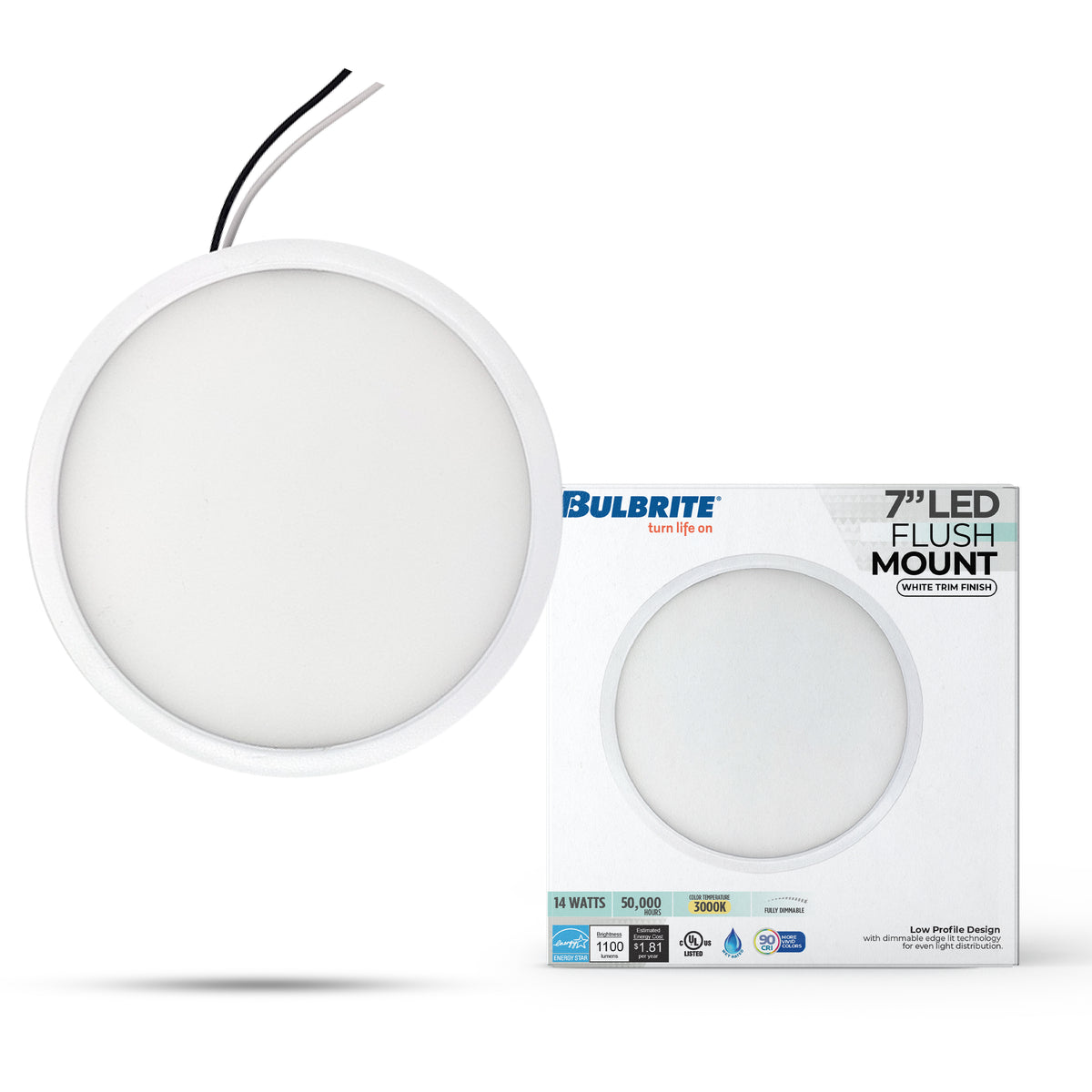 Bulbrite 773604 7" Round 10.3-Watt 3000K LED Flush Mount Light, 1150 Lumens, White Finish