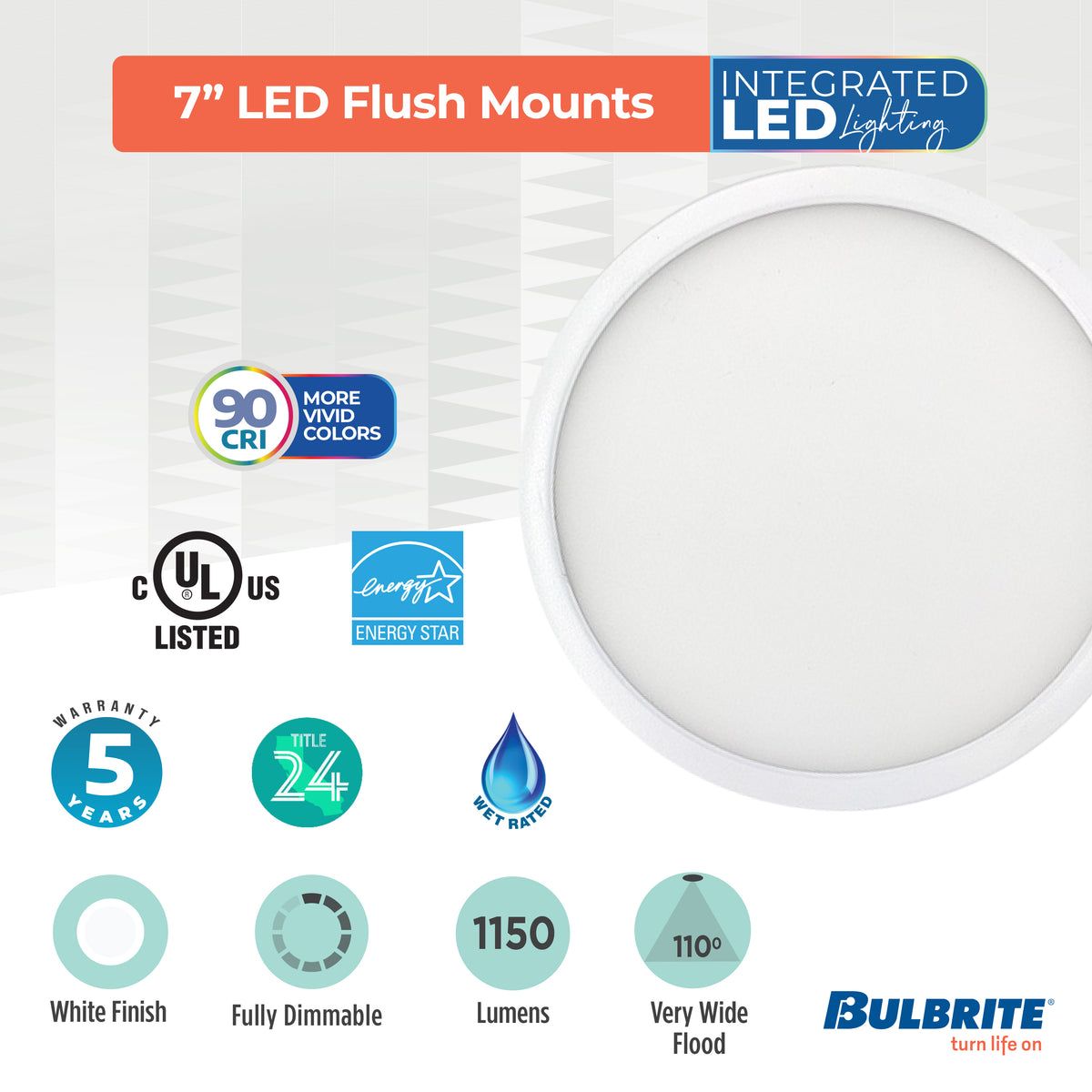Bulbrite 773604 7" Round 10.3-Watt 3000K LED Flush Mount Light, 1150 Lumens, White Finish