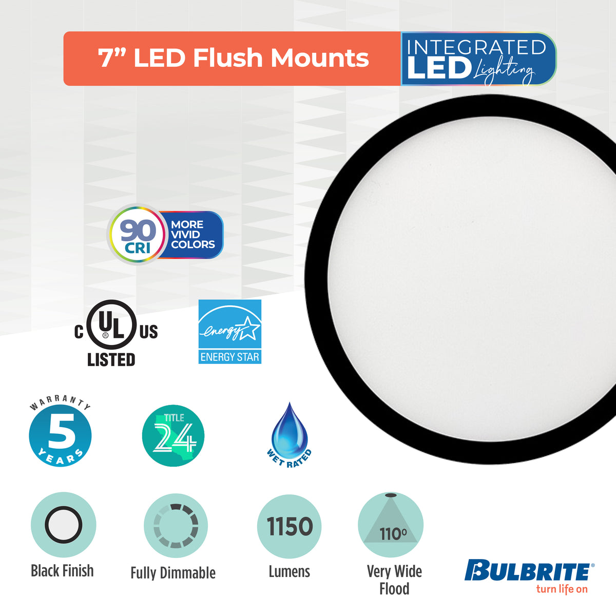 Bulbrite 773605 7" Round 10.3-Watt 3000K LED Flush Mount Light, 1150 Lumens, Black Finish