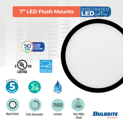 Bulbrite 773605 7" Round 10.3-Watt 3000K LED Flush Mount Light, 1150 Lumens, Black Finish