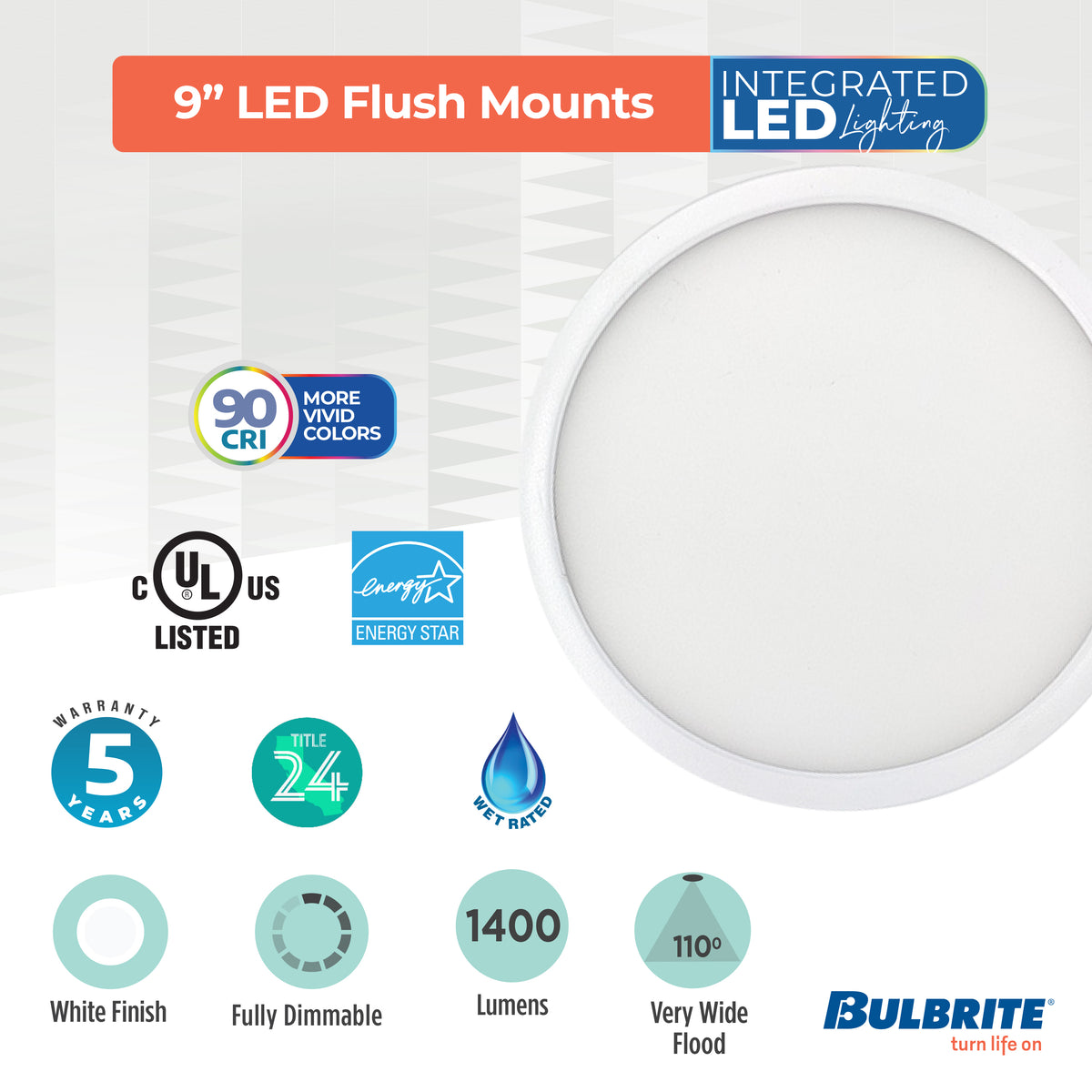 Bulbrite 773608 9" Round 17-Watt 3000K LED Flush Mount Light, 1400 Lumens, White Finish