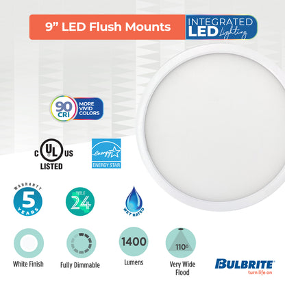 Bulbrite 773608 9" Round 17-Watt 3000K LED Flush Mount Light, 1400 Lumens, White Finish