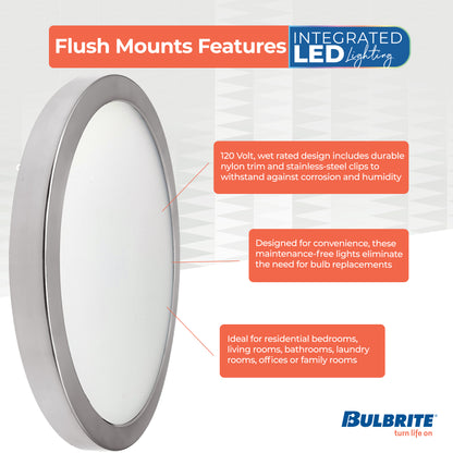 Bulbrite 773610 9" Round 17-Watt 3000K LED Flush Mount Light, 1400 Lumens, Nickel Finish