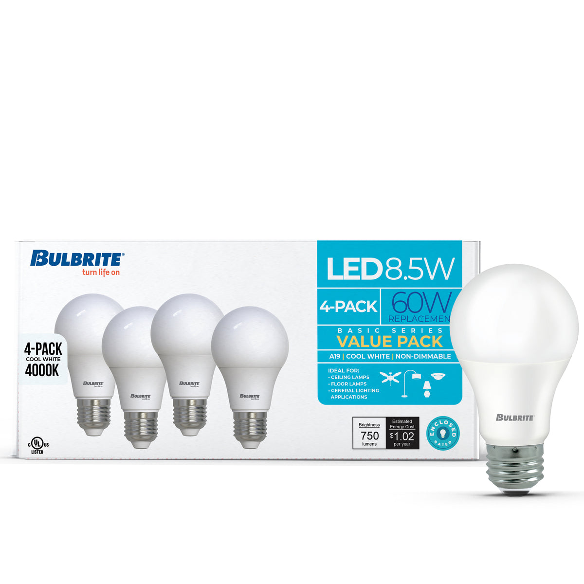 Bulbrite 774249 LED Filament 8.5 Watt Non-Dimmable A19 Light Bulb with Frost Finish and Medium Screw E26 Base - 4000K (Cool White Light) 750 lumens