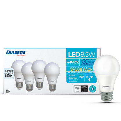 Bulbrite 774250 LED Filament 8.5 Watt Non-Dimmable A19 Light Bulb with Frost Finish and Medium Screw E26 Base - 5000K (Soft Daylight Light) 750 lumens